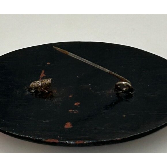 Vintage Hand-Painted Floral Black & Red Wooden Brooch Pin - Picture 9 of 11